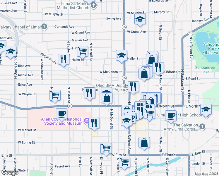 map of restaurants, bars, coffee shops, grocery stores, and more near 518 West Wayne Street in Lima