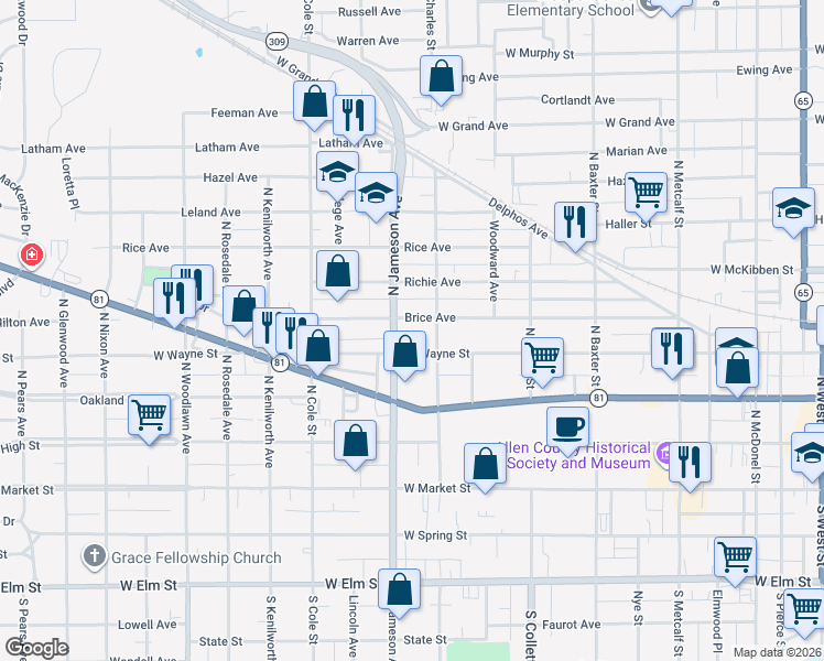 map of restaurants, bars, coffee shops, grocery stores, and more near 415 North Jameson Avenue in Lima