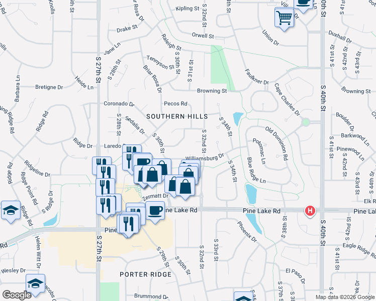 map of restaurants, bars, coffee shops, grocery stores, and more near 6531 Courtney Circle in Lincoln