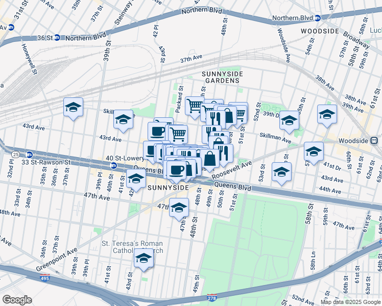 map of restaurants, bars, coffee shops, grocery stores, and more near 46-16 43rd Avenue in Queens