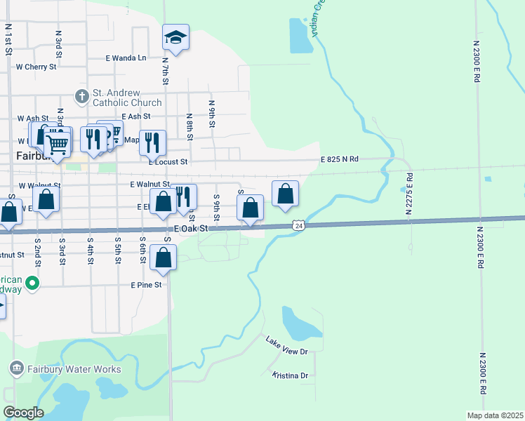 map of restaurants, bars, coffee shops, grocery stores, and more near 806 East Oak Street in Fairbury