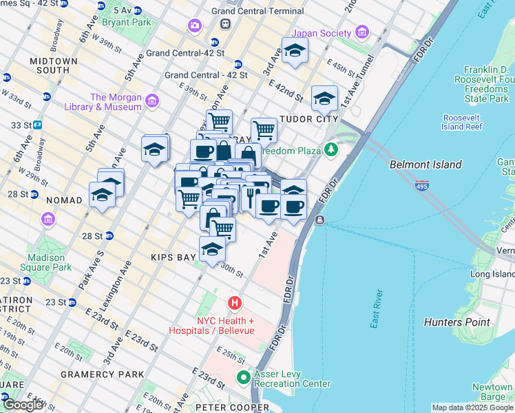 map of restaurants, bars, coffee shops, grocery stores, and more near 321 East 34th Street in New York