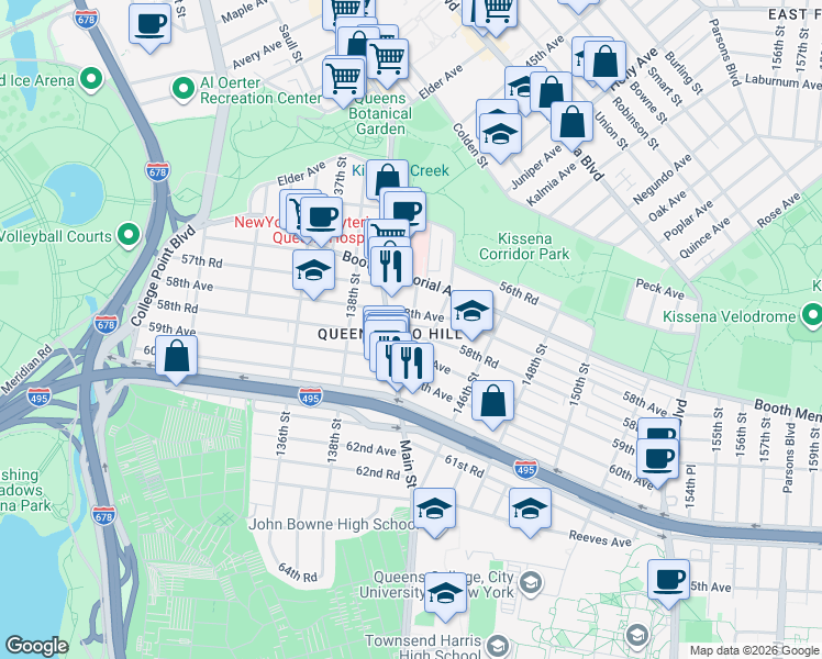 map of restaurants, bars, coffee shops, grocery stores, and more near 140-4 58th Road in Queens