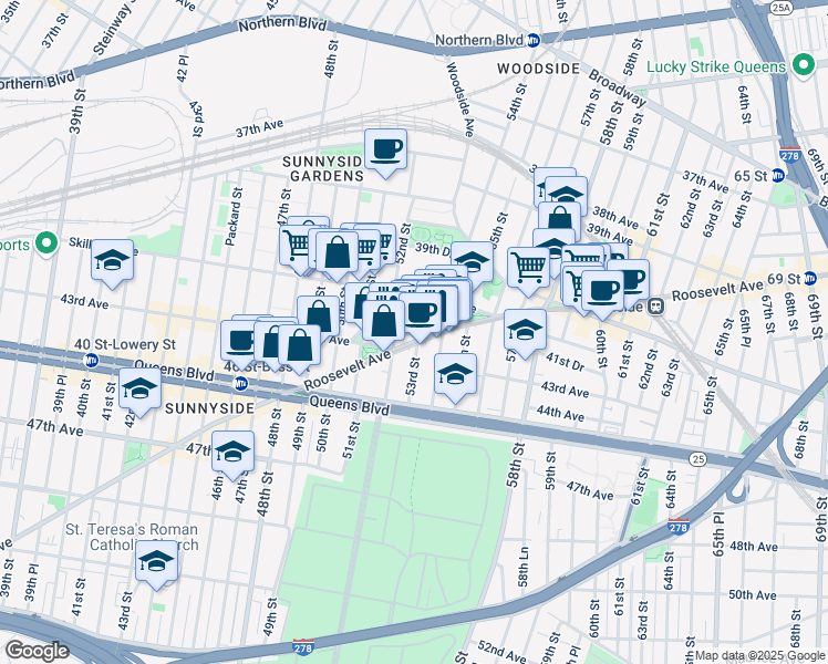 map of restaurants, bars, coffee shops, grocery stores, and more near 53-14 Roosevelt Avenue in Queens
