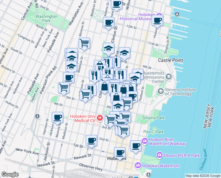 map of restaurants, bars, coffee shops, grocery stores, and more near in Hoboken