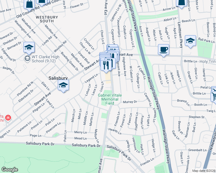 map of restaurants, bars, coffee shops, grocery stores, and more near 723 Carman Avenue in Westbury