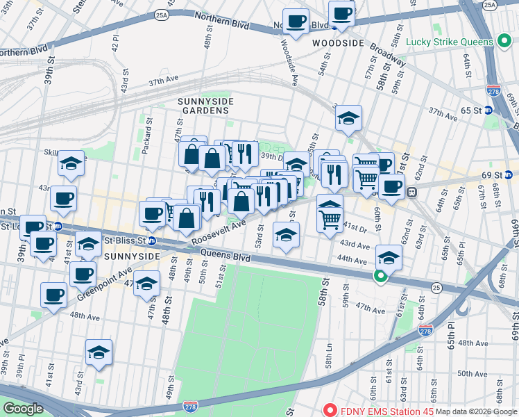 map of restaurants, bars, coffee shops, grocery stores, and more near in Queens