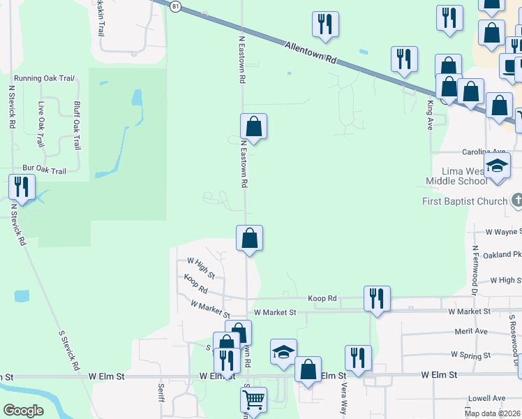 map of restaurants, bars, coffee shops, grocery stores, and more near 370 North Eastown Road in Lima