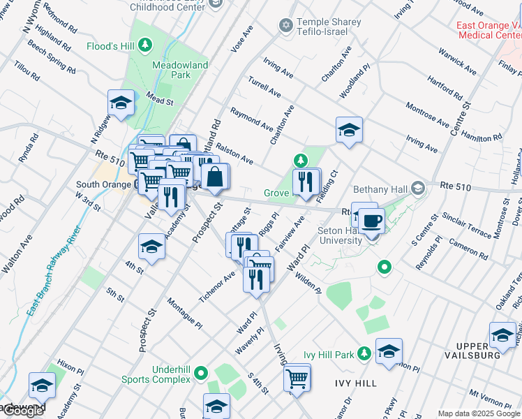 map of restaurants, bars, coffee shops, grocery stores, and more near 212 South Orange Avenue in South Orange