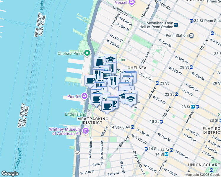map of restaurants, bars, coffee shops, grocery stores, and more near 446 West 19th Street in New York
