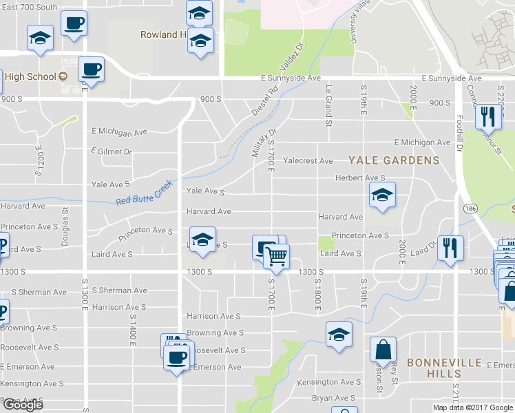 map of restaurants, bars, coffee shops, grocery stores, and more near 1665 Harvard Ave in Salt Lake City
