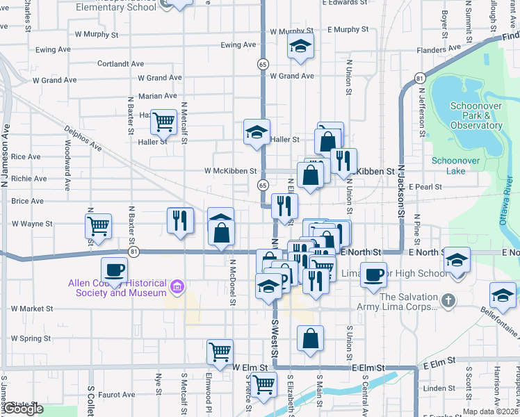 map of restaurants, bars, coffee shops, grocery stores, and more near 423 North West Street in Lima