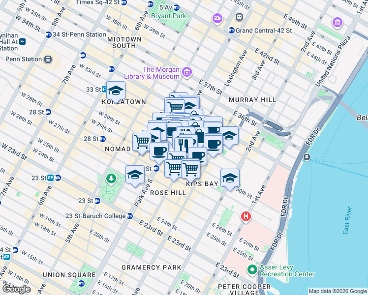 map of restaurants, bars, coffee shops, grocery stores, and more near East 31st Street in New York