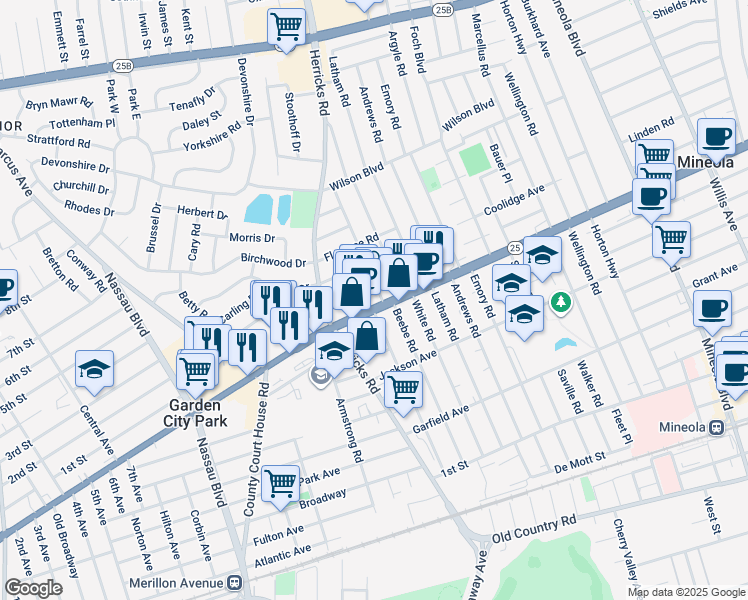 map of restaurants, bars, coffee shops, grocery stores, and more near 520 Jericho Turnpike in Mineola