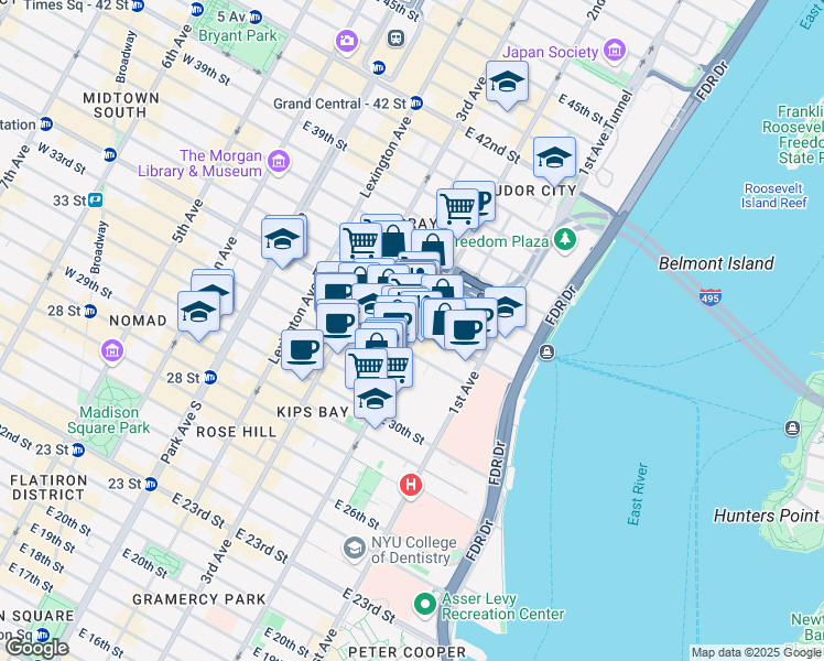 map of restaurants, bars, coffee shops, grocery stores, and more near 604 2nd Avenue in New York