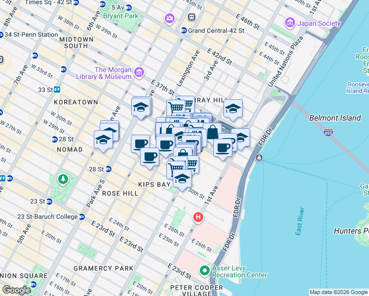 map of restaurants, bars, coffee shops, grocery stores, and more near 221 East 33rd Street in New York