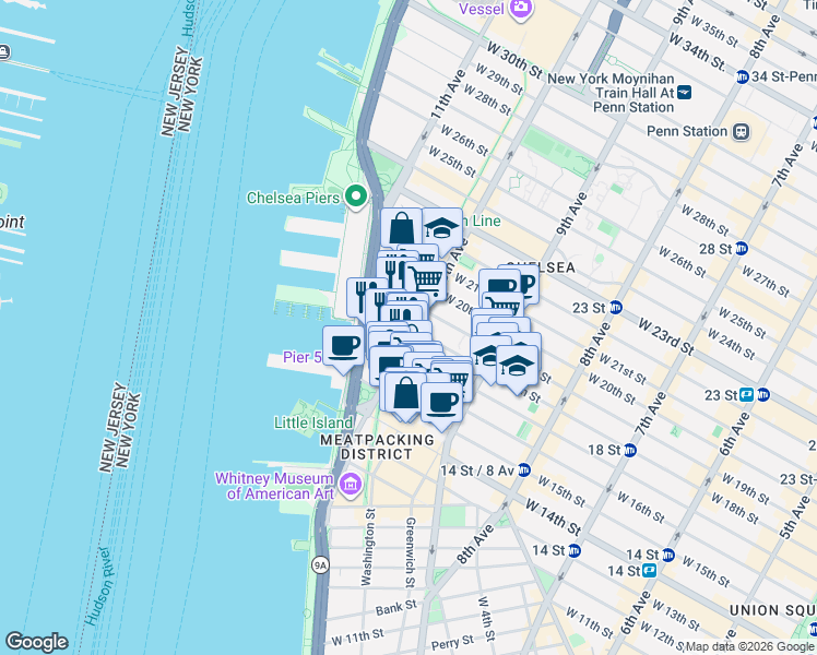 map of restaurants, bars, coffee shops, grocery stores, and more near 501 West 17th Street in New York