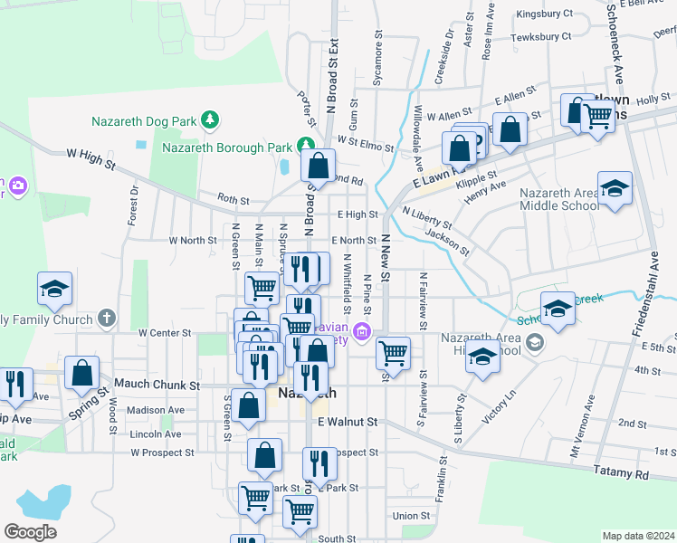 map of restaurants, bars, coffee shops, grocery stores, and more near 137 North Whitfield Street in Nazareth
