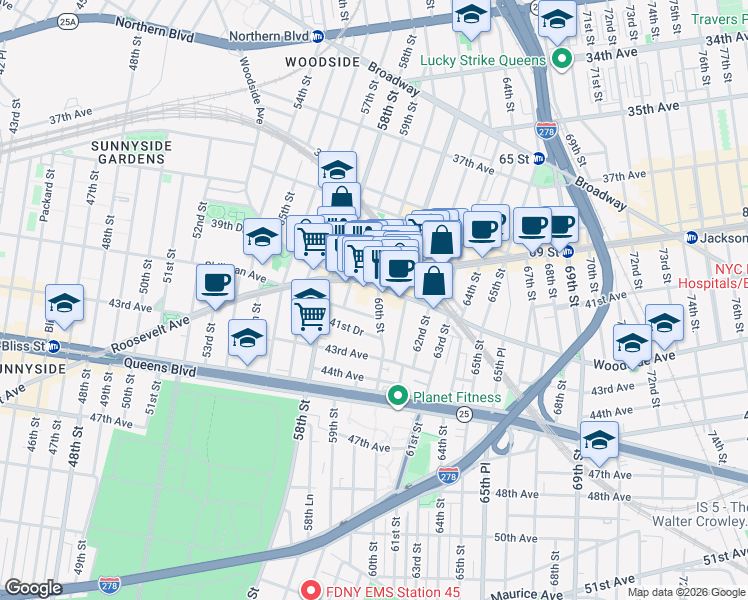 map of restaurants, bars, coffee shops, grocery stores, and more near 59-23 41st Avenue in Queens