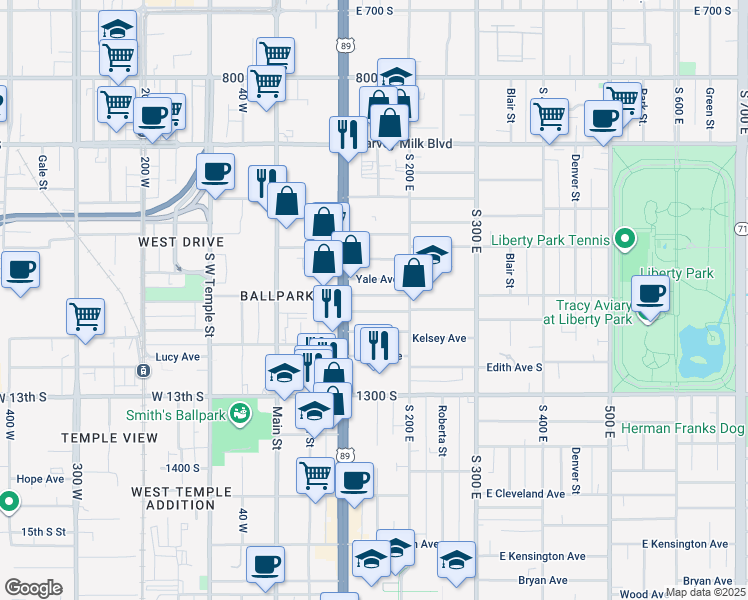 map of restaurants, bars, coffee shops, grocery stores, and more near 138 Harvard Avenue in Salt Lake City