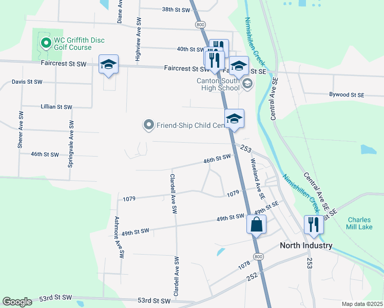 map of restaurants, bars, coffee shops, grocery stores, and more near 230 45th Street Southwest in Canton