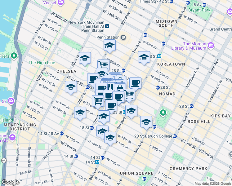 map of restaurants, bars, coffee shops, grocery stores, and more near 159 West 24th Street in New York