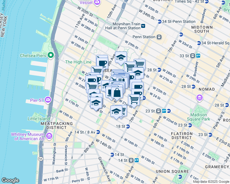 map of restaurants, bars, coffee shops, grocery stores, and more near 308 West 22nd Street in New York