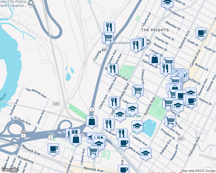 map of restaurants, bars, coffee shops, grocery stores, and more near 141 Carlton Avenue in Jersey City