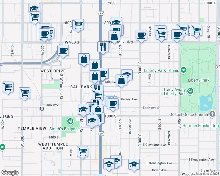 map of restaurants, bars, coffee shops, grocery stores, and more near 138 Harvard Avenue in Salt Lake City