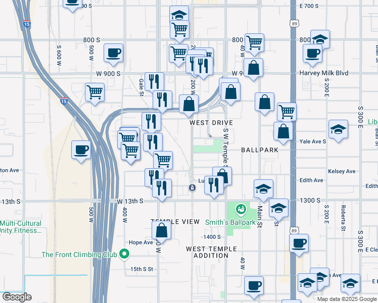map of restaurants, bars, coffee shops, grocery stores, and more near 1112 South 200 West in Salt Lake City