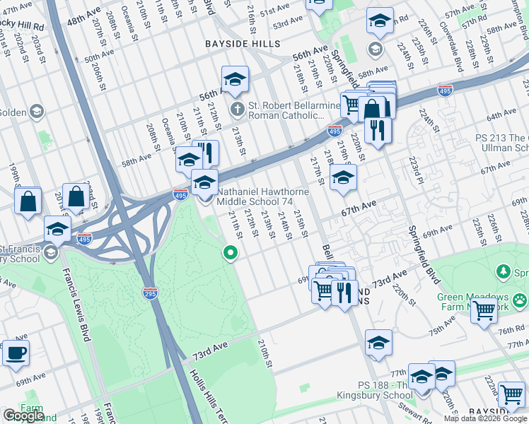 map of restaurants, bars, coffee shops, grocery stores, and more near 64-30 214th Street in Queens