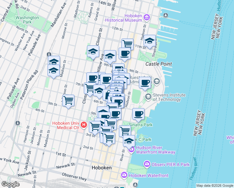 map of restaurants, bars, coffee shops, grocery stores, and more near 631 Bloomfield Street in Hoboken