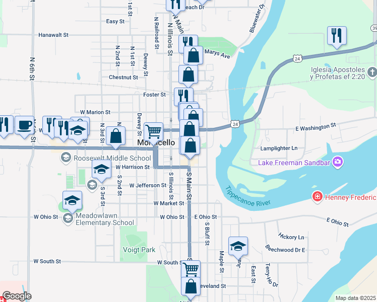 map of restaurants, bars, coffee shops, grocery stores, and more near 100-198 South Main Street in Monticello