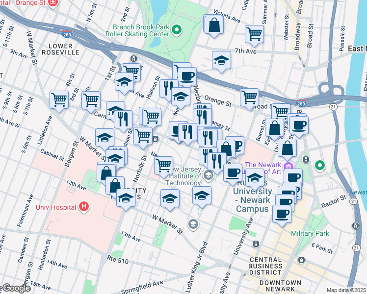 map of restaurants, bars, coffee shops, grocery stores, and more near 250 Central Avenue in Newark