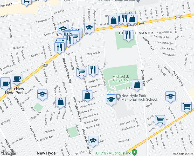 map of restaurants, bars, coffee shops, grocery stores, and more near 43 Baxter Avenue in New Hyde Park