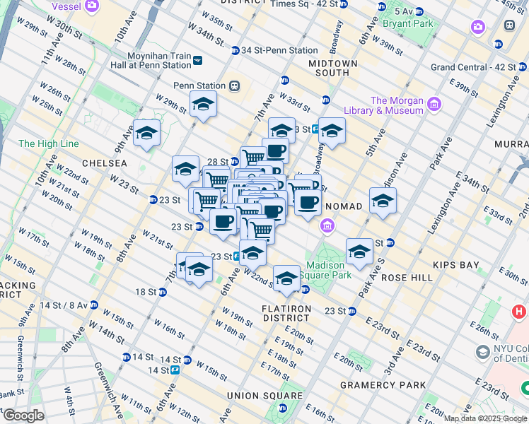map of restaurants, bars, coffee shops, grocery stores, and more near 750 6th Avenue in New York