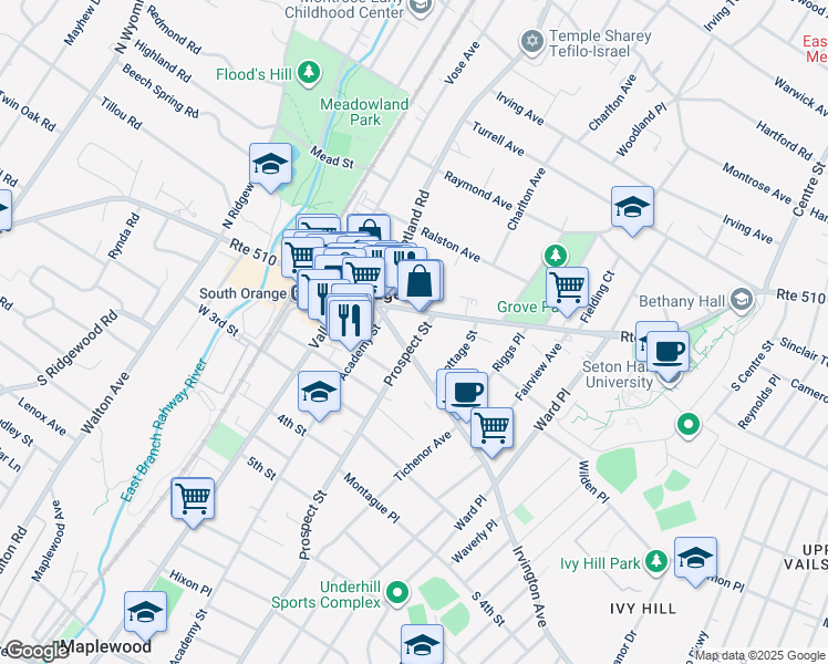 map of restaurants, bars, coffee shops, grocery stores, and more near 121 Irvington Avenue in South Orange