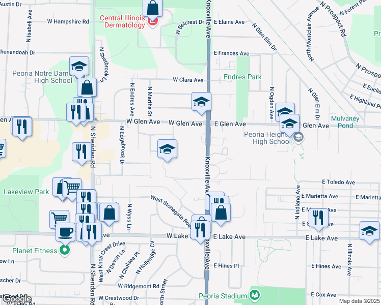map of restaurants, bars, coffee shops, grocery stores, and more near 4627 North Knoxville Avenue in Peoria