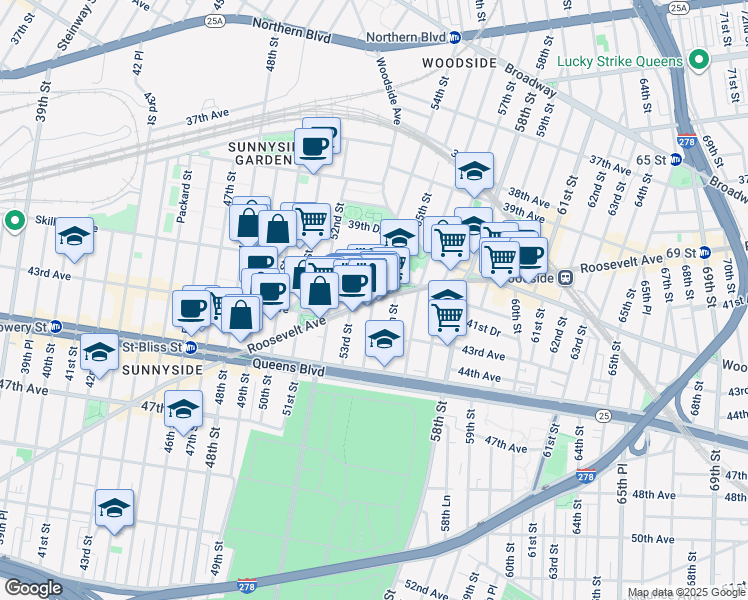 map of restaurants, bars, coffee shops, grocery stores, and more near Roosevelt Avenue & 54th Street in Queens