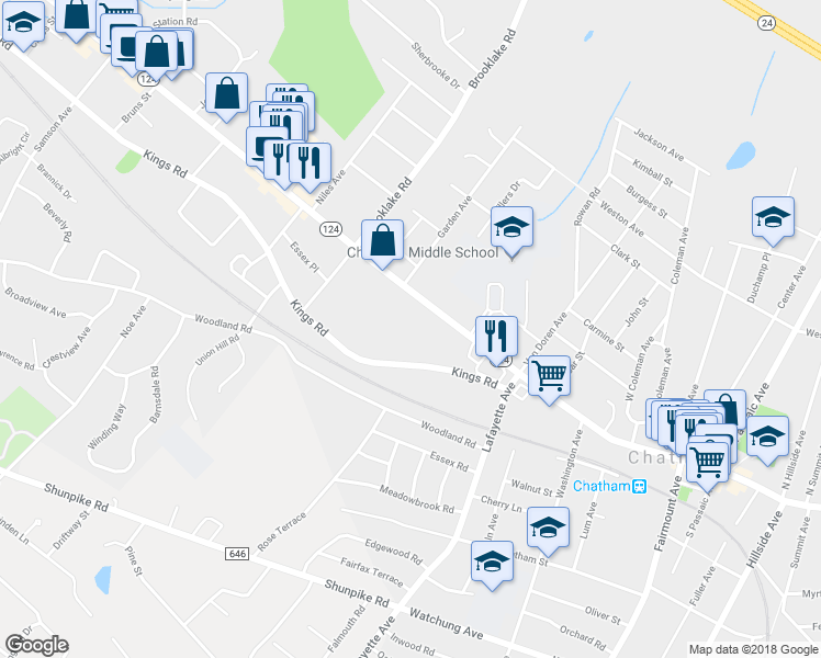 map of restaurants, bars, coffee shops, grocery stores, and more near 535 Main Street in Chatham