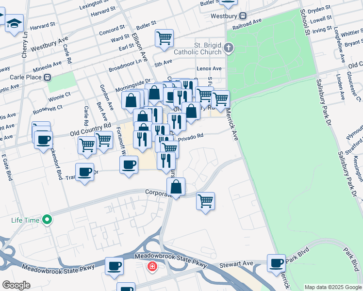 map of restaurants, bars, coffee shops, grocery stores, and more near 900 Merchants Concourse in Westbury