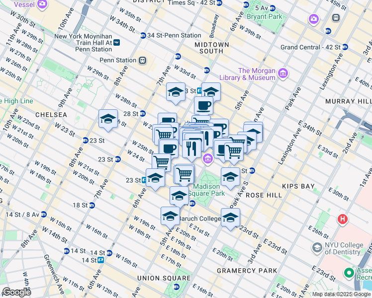 map of restaurants, bars, coffee shops, grocery stores, and more near 1155-1157 Broadway in New York