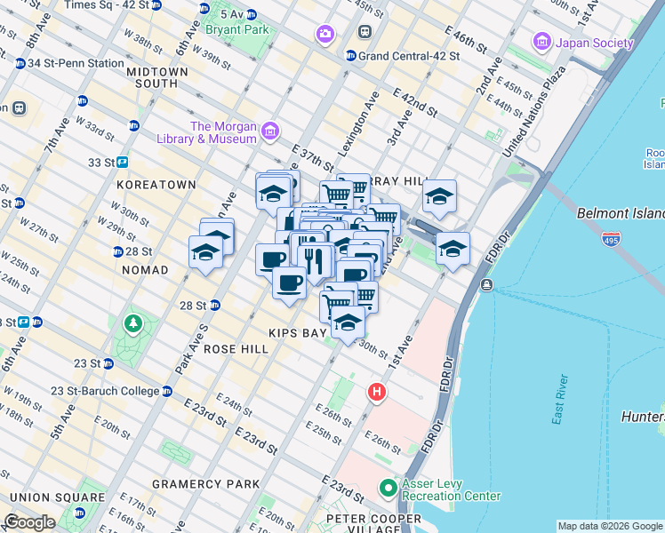 map of restaurants, bars, coffee shops, grocery stores, and more near 200 East 33rd Street in New York