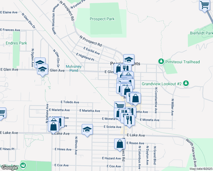 map of restaurants, bars, coffee shops, grocery stores, and more near 1117 East Duryea Avenue in Peoria Heights