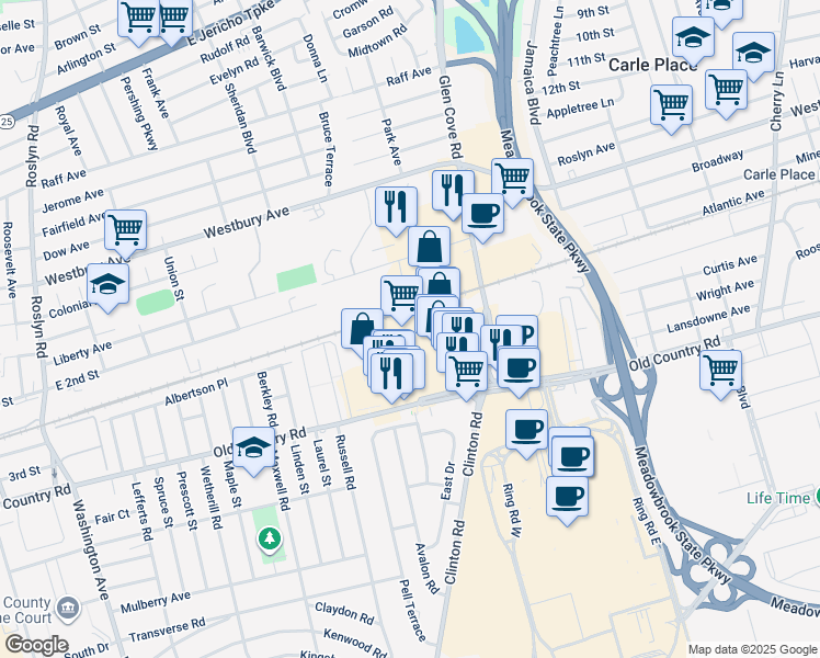 map of restaurants, bars, coffee shops, grocery stores, and more near 95 Old Country Road in Carle Place