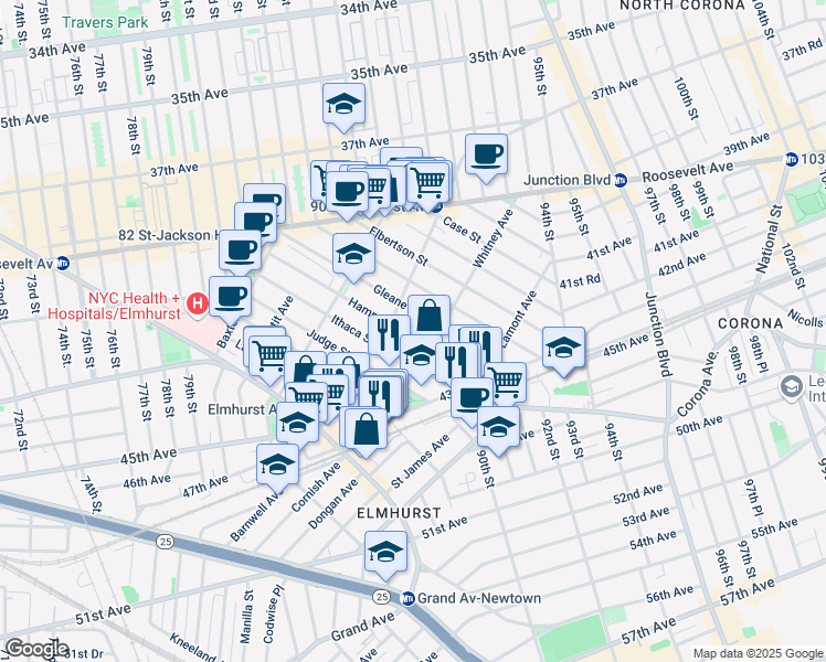 map of restaurants, bars, coffee shops, grocery stores, and more near 42-17 Hampton Street in Queens