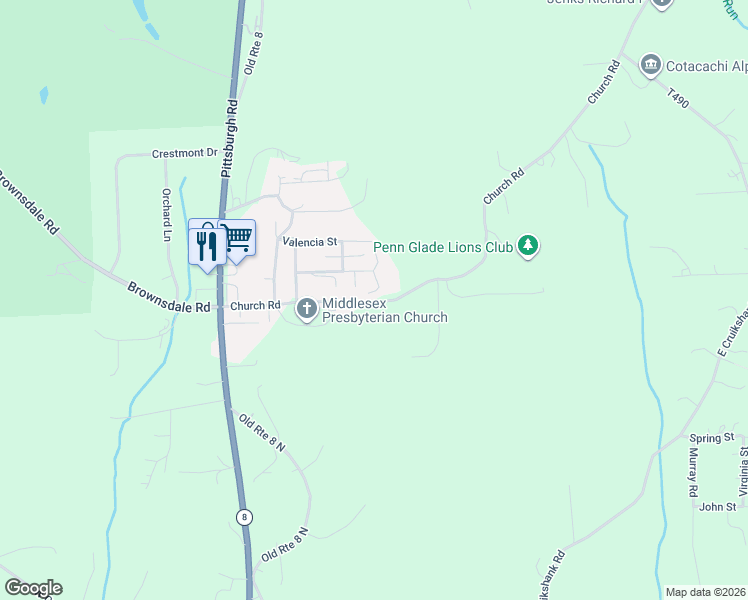 map of restaurants, bars, coffee shops, grocery stores, and more near 123 Church Road in Butler