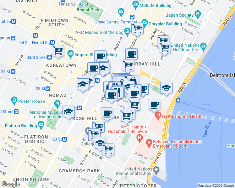 map of restaurants, bars, coffee shops, grocery stores, and more near in New York