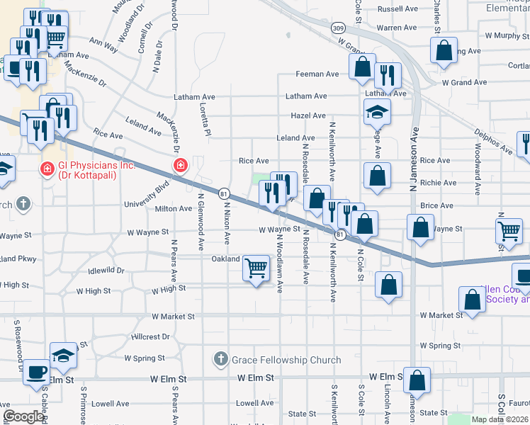 map of restaurants, bars, coffee shops, grocery stores, and more near 1517 Allentown Road in Lima