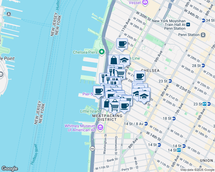 map of restaurants, bars, coffee shops, grocery stores, and more near 555 West 17th Street in New York